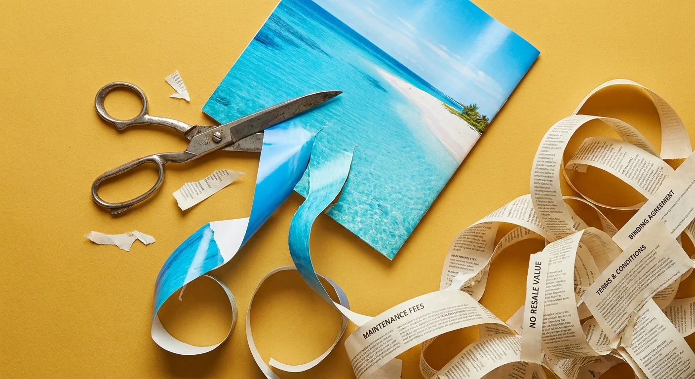 A collage showing a tropical vacation brochure shredding into a maze of fine-print contracts.