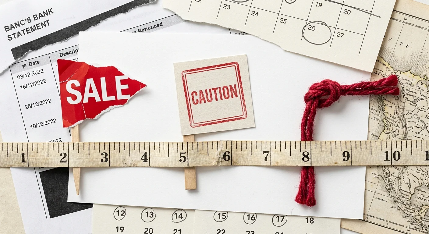 A collage showing red flags placed along a measuring tape over a background of bank statements and maps.