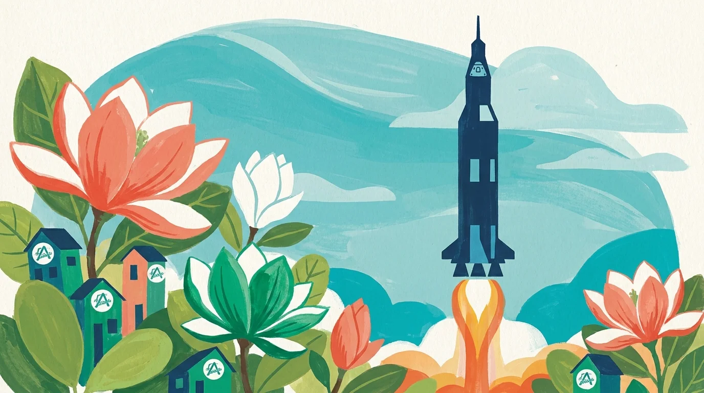 A colorful illustration of the Huntsville botanical gardens with a Saturn V rocket silhouette in the background.