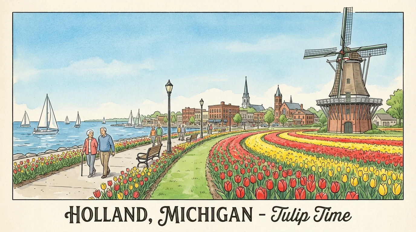 A colorful watercolor illustration of a Dutch windmill, rows of tulips, and people walking along the Holland, Michigan waterfront.