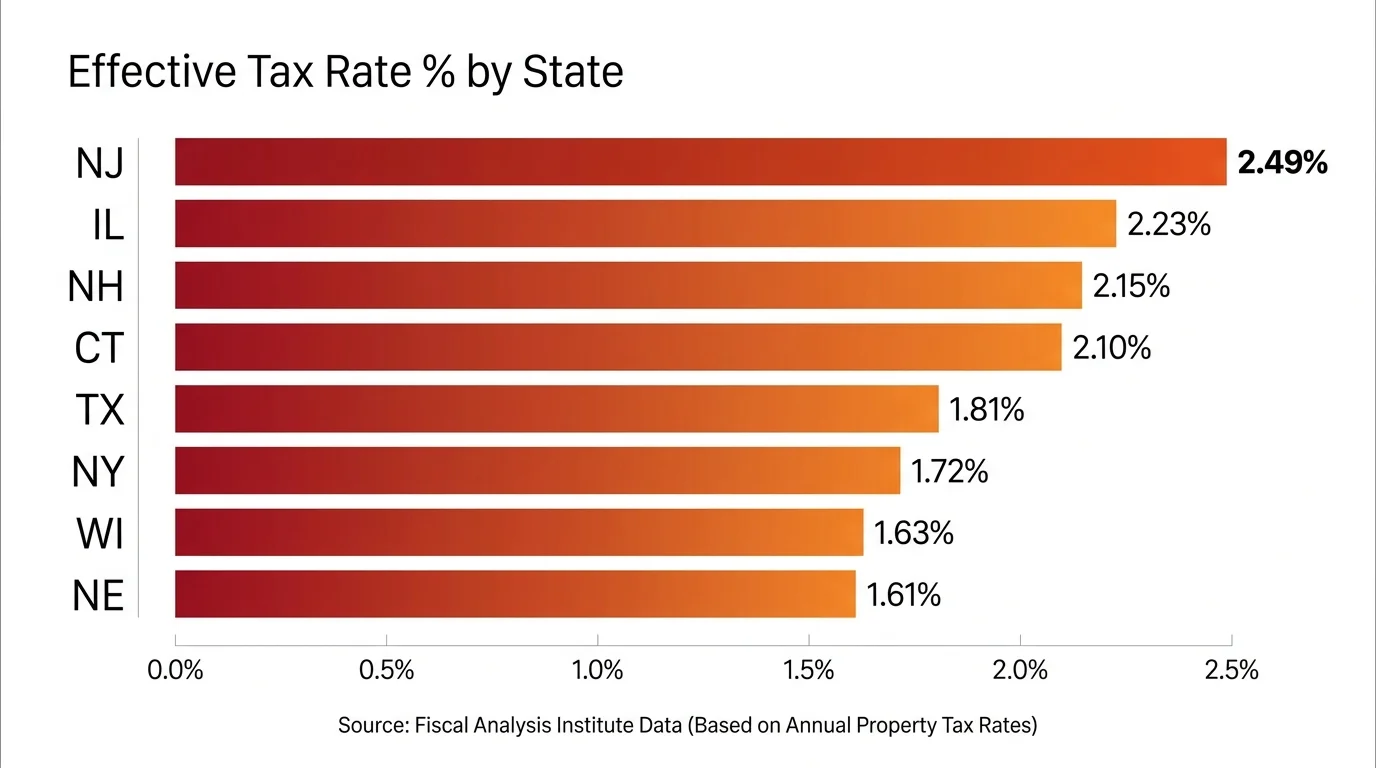 A comparison bar chart showing the property tax rates for all eight states mentioned, with New Jersey at the top.
