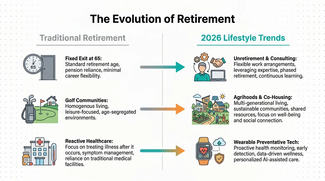 A comparison chart showing the shift from traditional retirement to modern 2026 lifestyle trends.