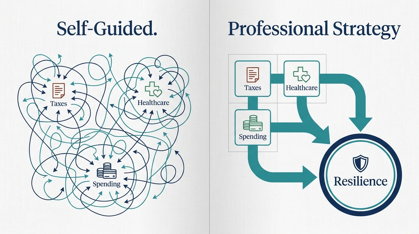 A comparison diagram showing a chaotic 'Self-Guided' path versus a streamlined, organized 'Professional Strategy' path.