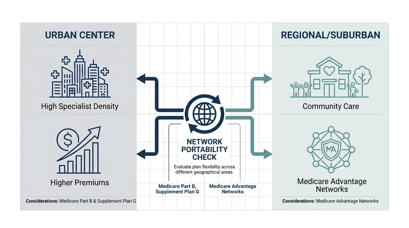 A comparison diagram showing the differences between urban and regional healthcare networks for Medicare planning.