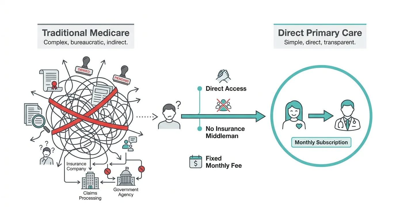A comparison diagram showing the simplified relationship between patient and doctor in a Direct Primary Care model.
