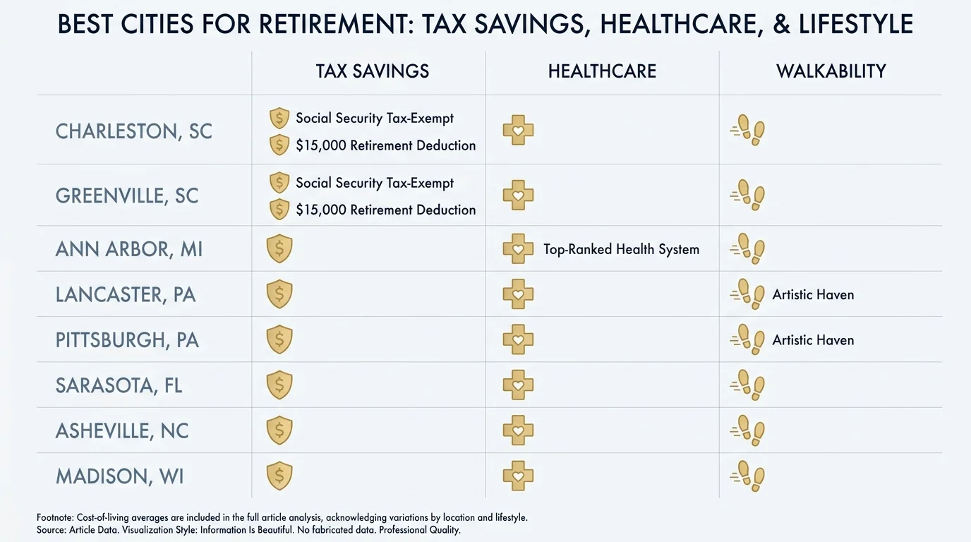 A comparison infographic showing retirement benefits like tax exemptions and healthcare rankings for the featured cities.