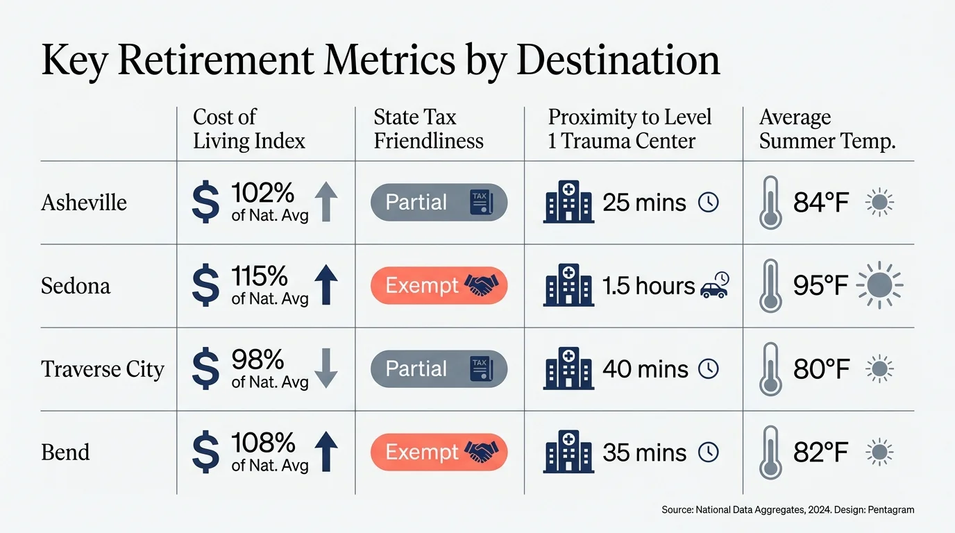 A comparison table showing cost of living, taxes, and healthcare for different retirement cities.