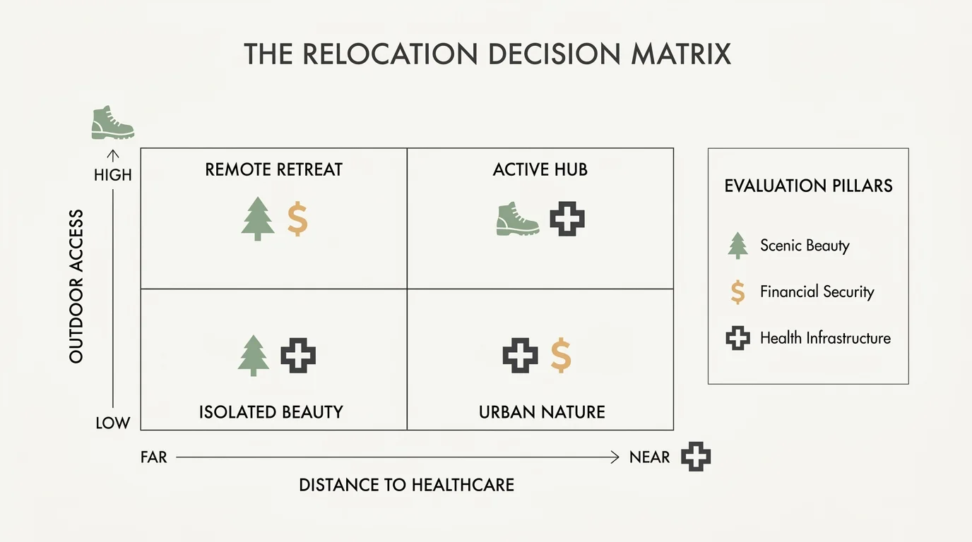 A conceptual diagram showing a decision matrix for evaluating retirement locations based on healthcare and outdoor access.