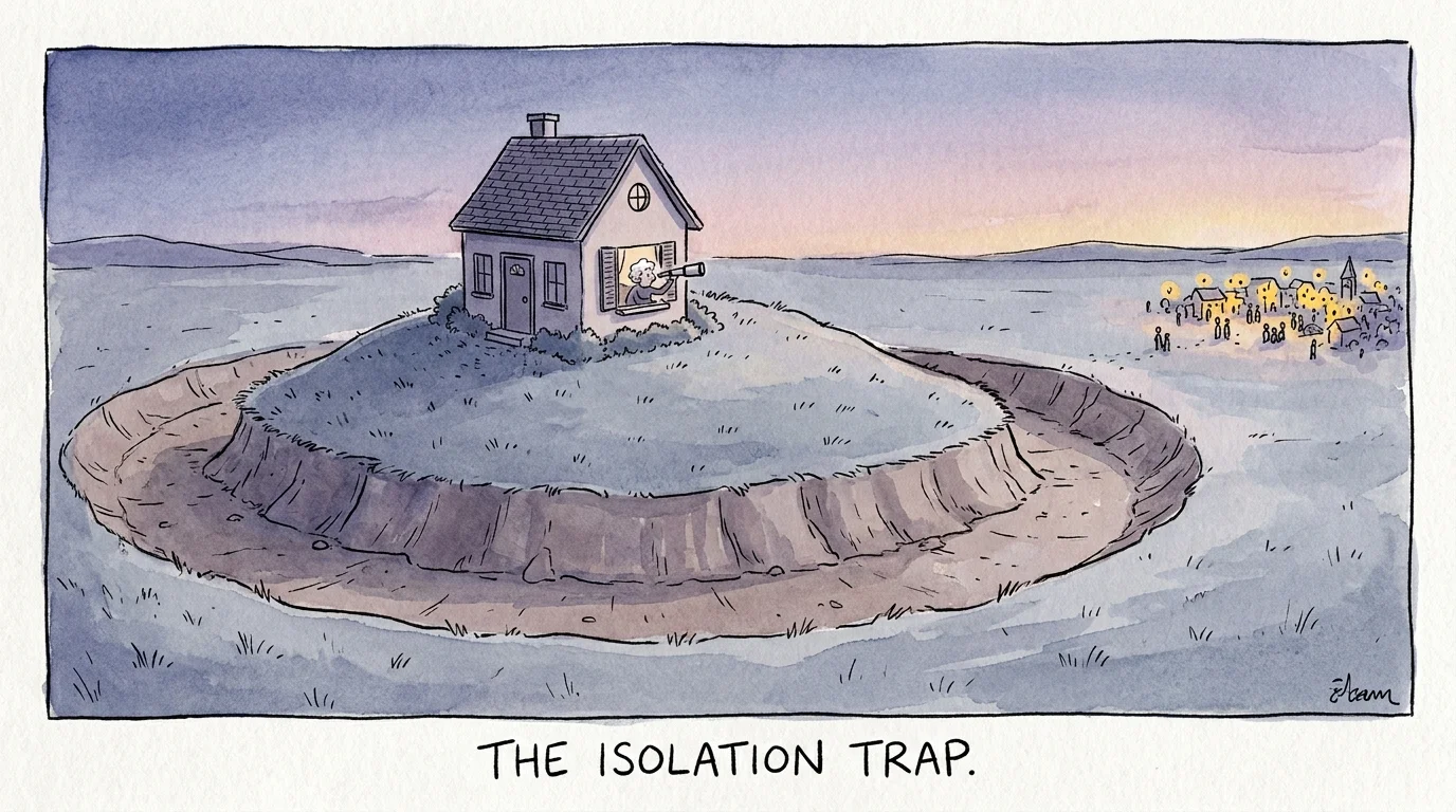 A conceptual illustration of a person in a beautiful but isolated house, looking through a telescope at a distant, busy community.