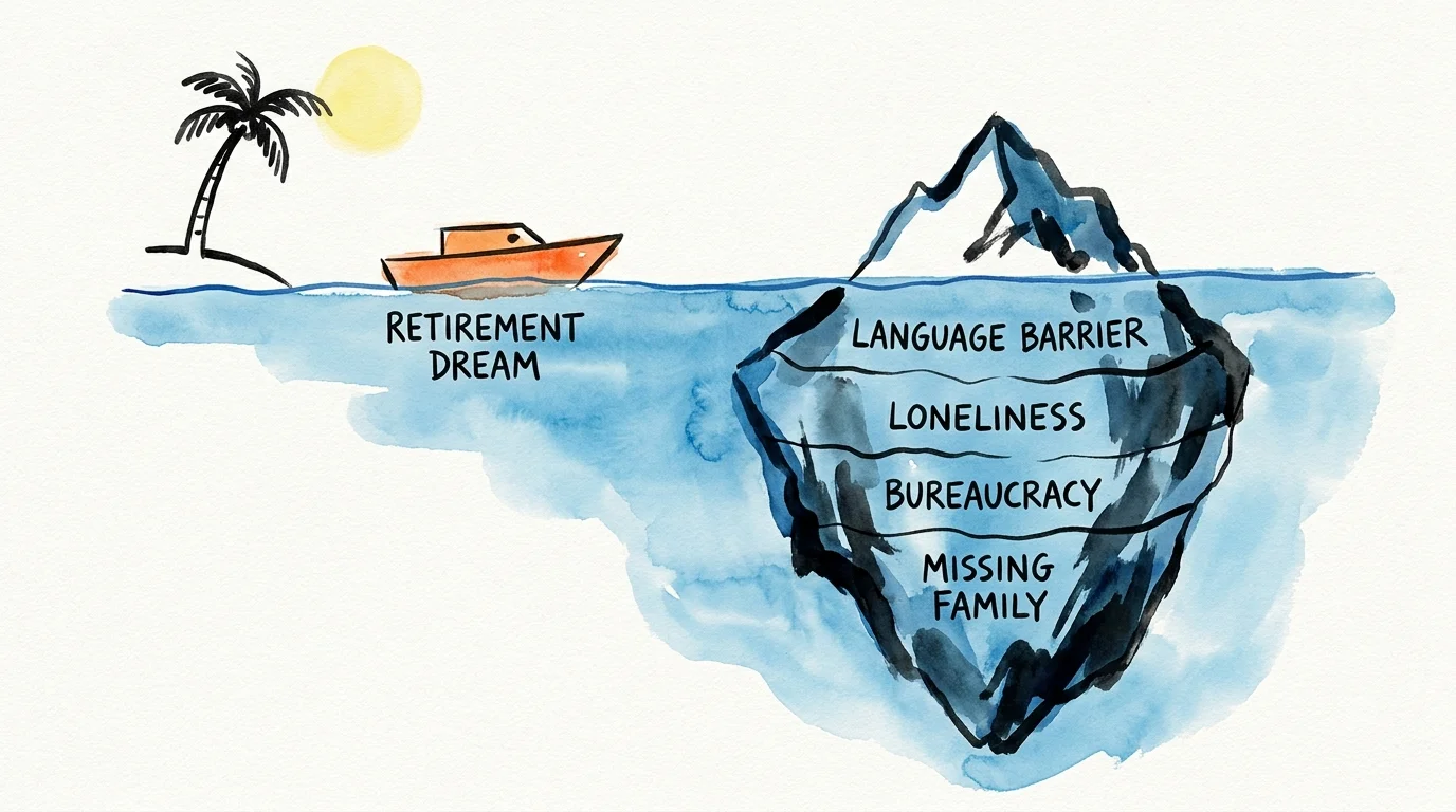 A conceptual illustration showing a retirement boat sailing above an iceberg of challenges like loneliness and language barriers.