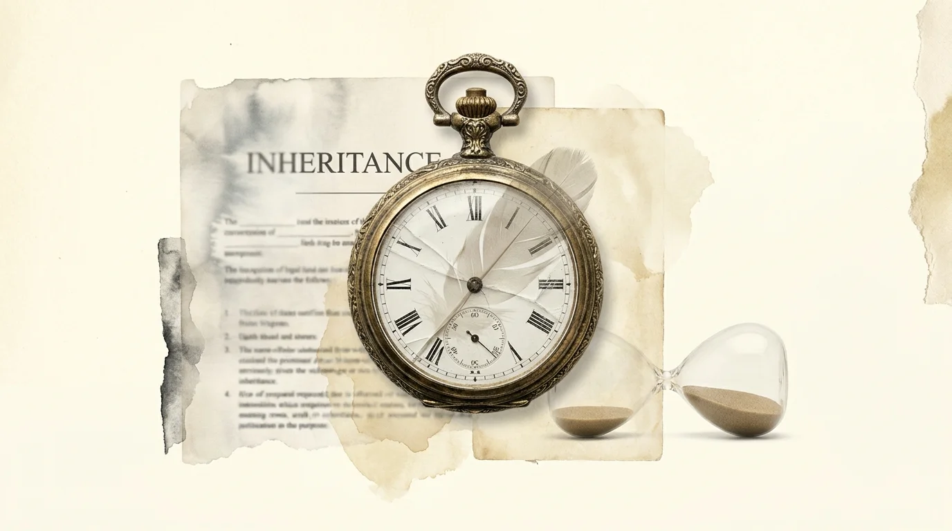 A conceptual image of a pocket watch without hands and a blurred legal document, symbolizing the uncertainty of inheritance.