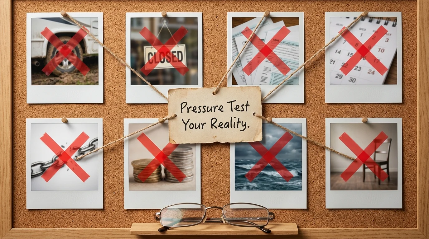 A corkboard with photos of various retirement plans, each marked with a red X, surrounding a note to 'Pressure Test Your Reality.'