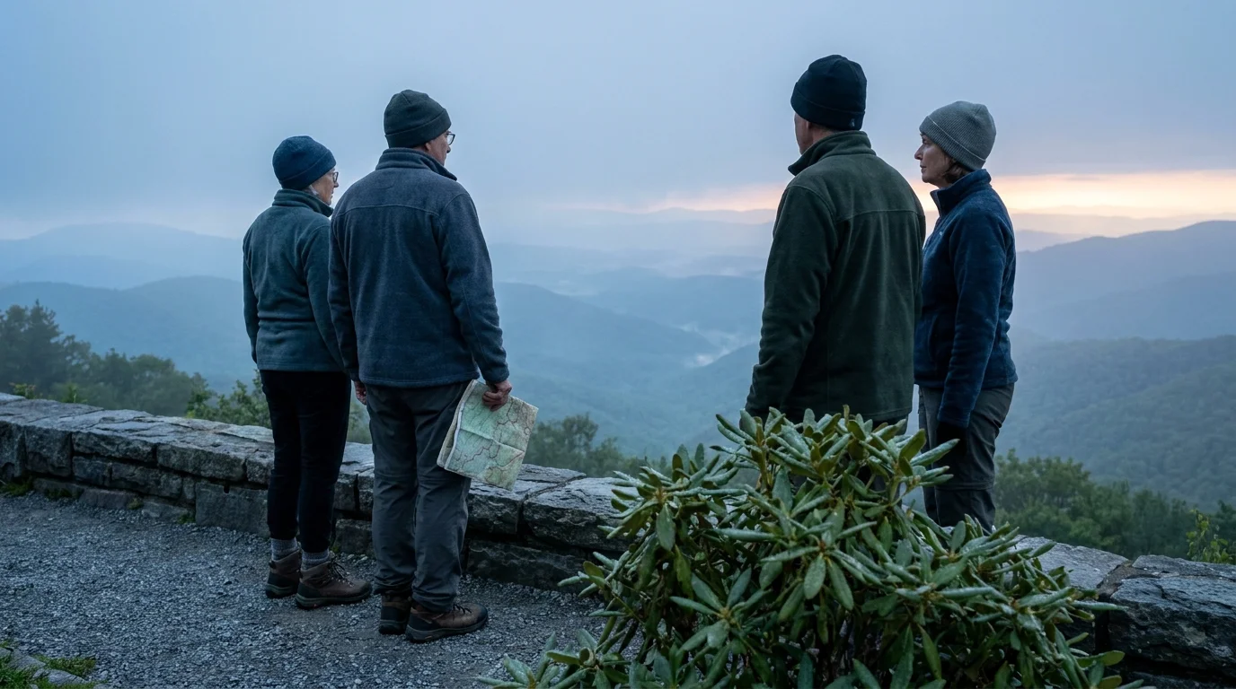 A couple in their 60s standing at a mountain overlook in North Carolina, looking at the Blue Ridge Mountains.