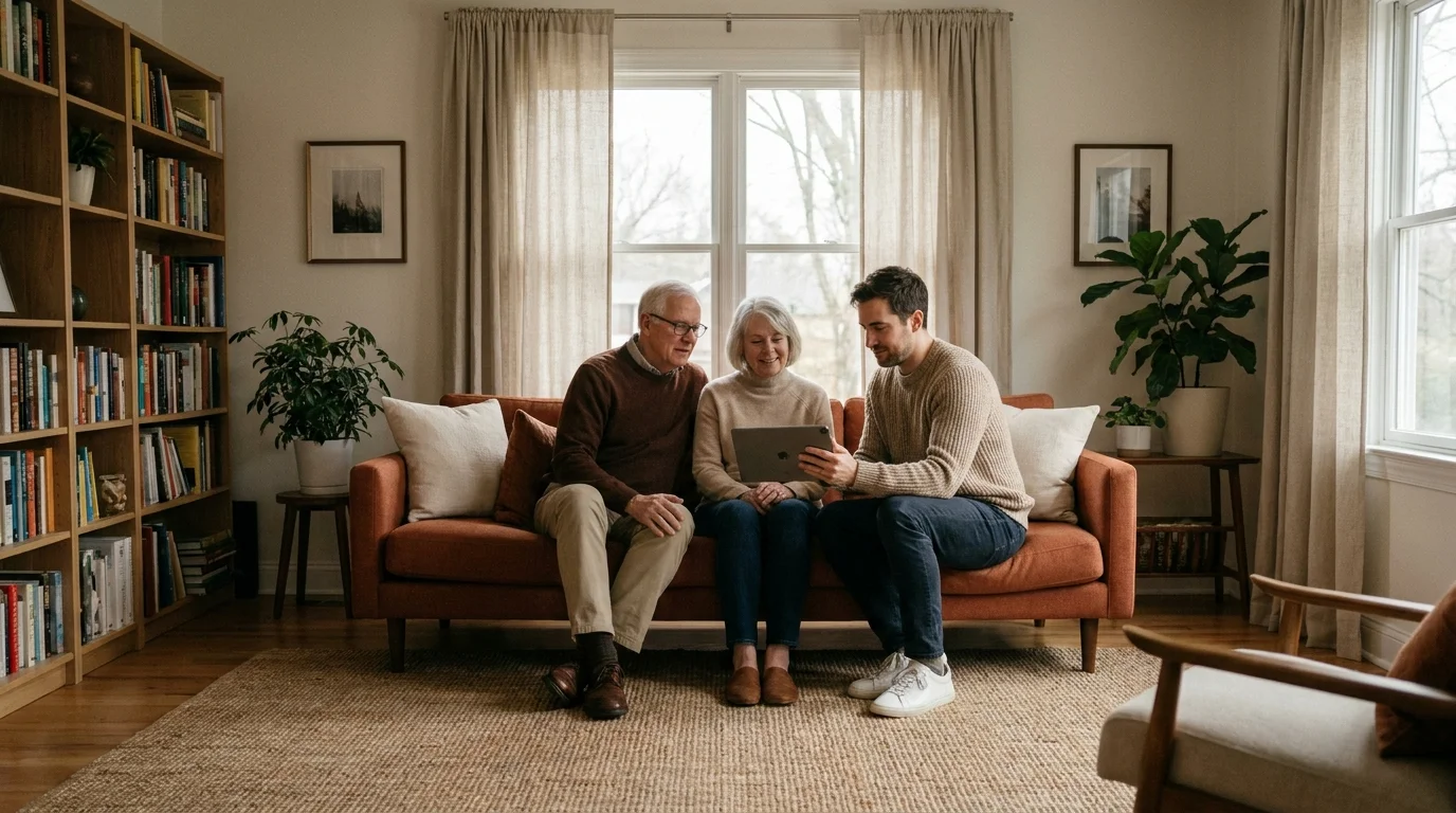 A couple in their living room having a casual but focused meeting with a financial planner who is showing them a tablet.