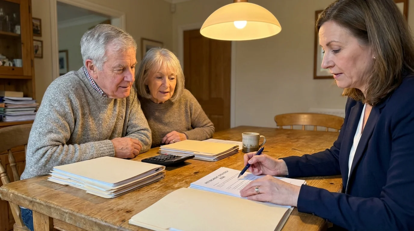 A couple reviews a 2026 retirement strategy document with a professional advisor at their own dining room table.