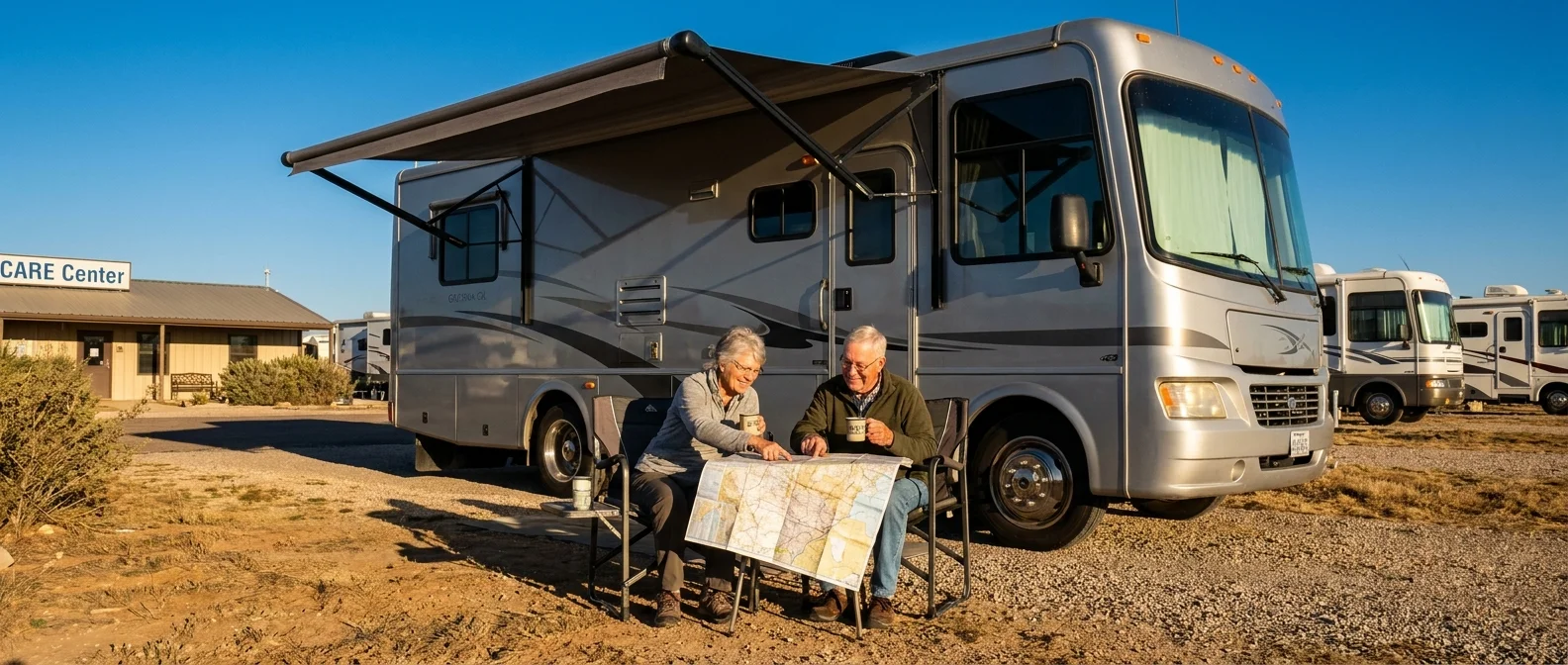 A couple sits outside their motorhome at an RV-focused retirement community, looking at a map.