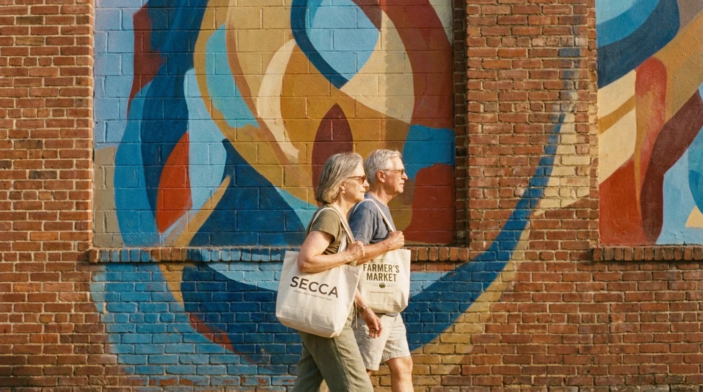 A couple walking past a colorful mural on a brick building in the arts district of Winston-Salem, North Carolina.