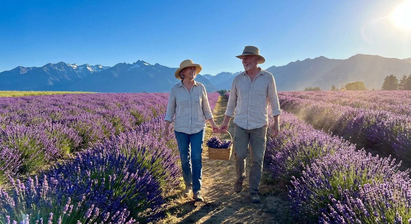 A couple walks through a sunny purple lavender field with the Olympic Mountains in the clear background.