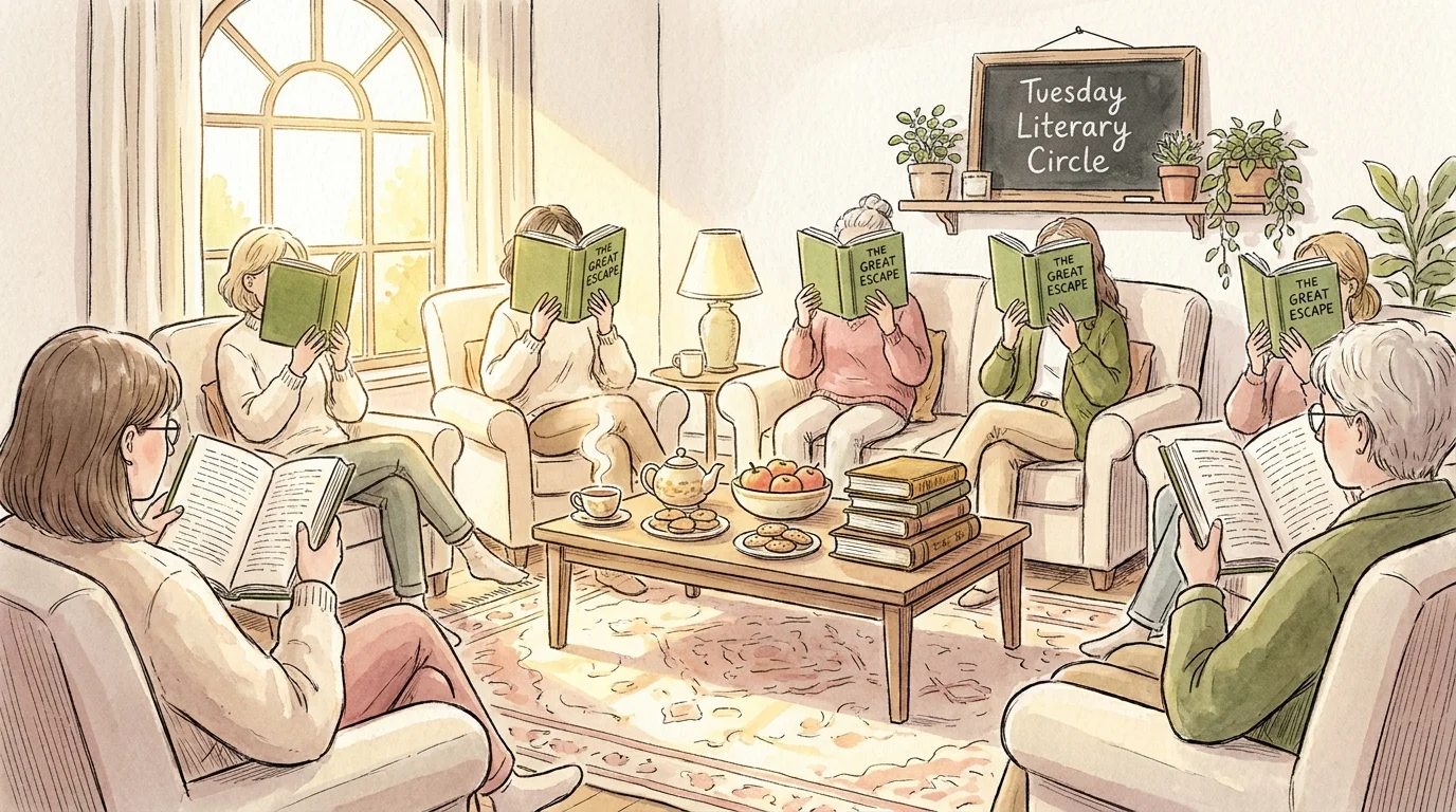 A cozy illustration of a book club meeting in a living room with tea and books.