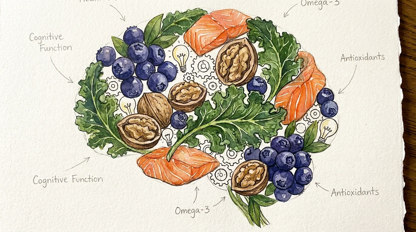 A creative collage of brain-healthy foods like walnuts and berries arranged in the shape of a brain.