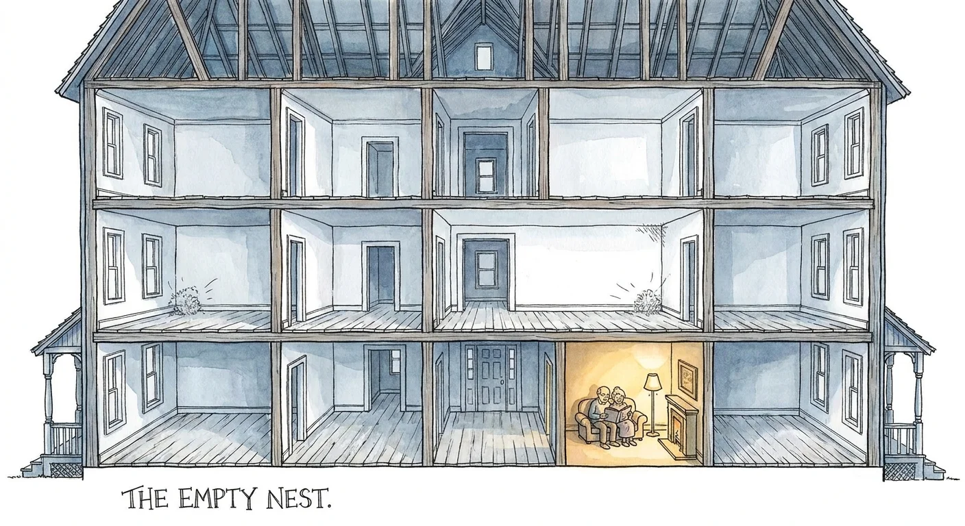 A cross-section drawing of a huge house where only one tiny room is actually being used.