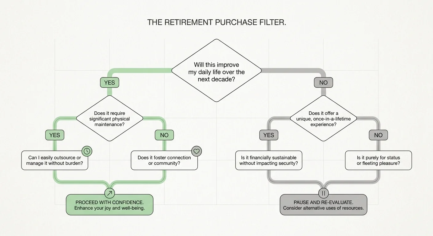 A decision tree diagram helping retirees decide if a purchase is a need or a want.