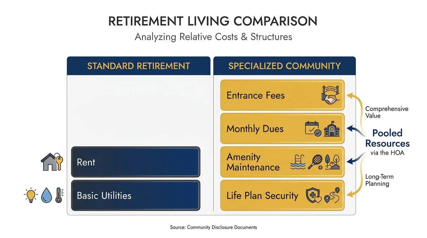 A diagram comparing the cost structures of standard retirement living versus specialized communities with pooled resources.