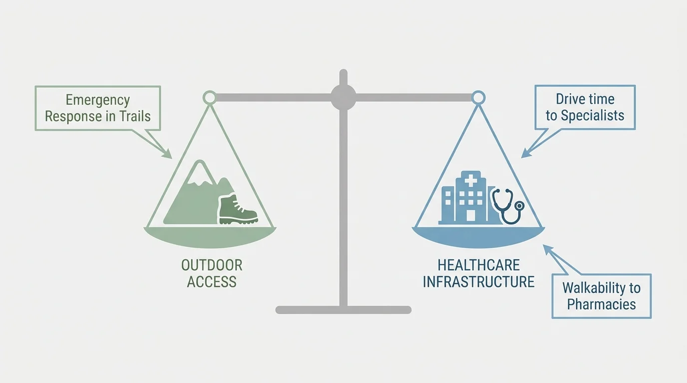 A diagram of a balance scale weighing 'Outdoor Access' against 'Healthcare Infrastructure'.
