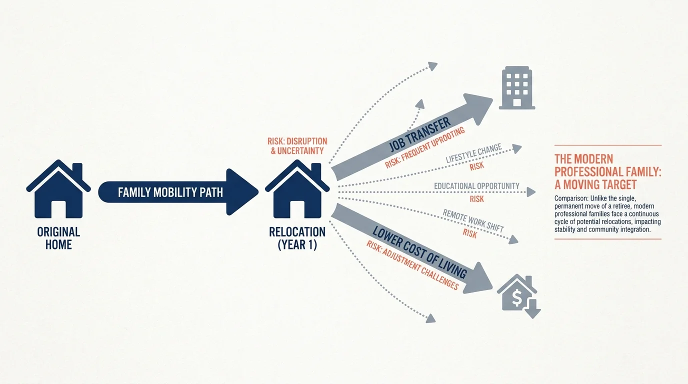 A diagram showing a retiree's move to a new city, followed by multiple arrows showing the adult children moving away again for work.