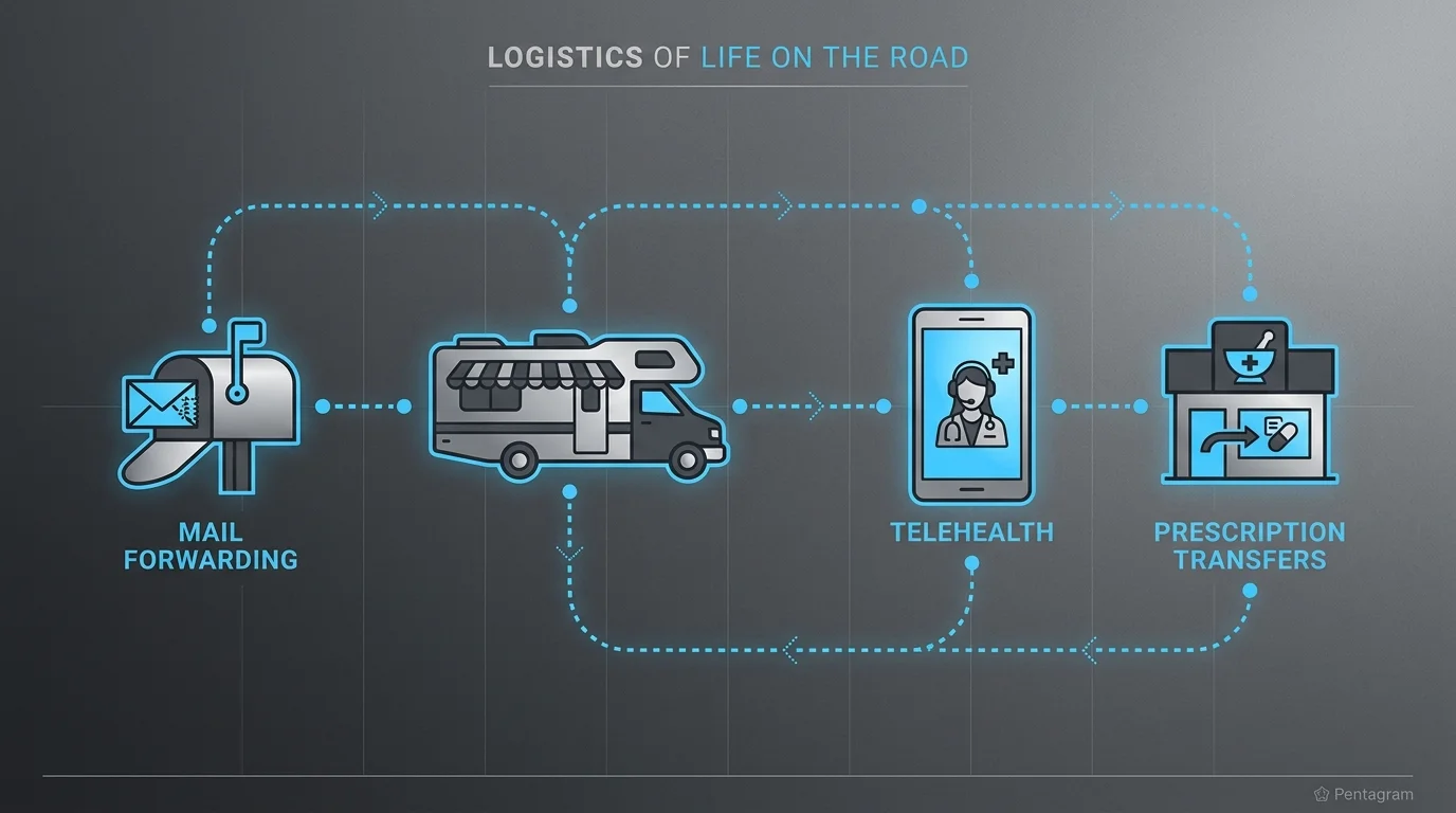 A diagram showing how RVers manage mail, healthcare, and prescriptions while traveling.