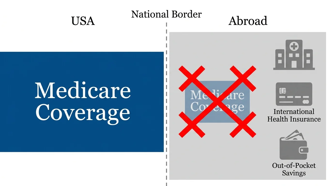 A diagram showing Medicare coverage stopping at the US border, replaced by international insurance and out-of-pocket costs overseas.