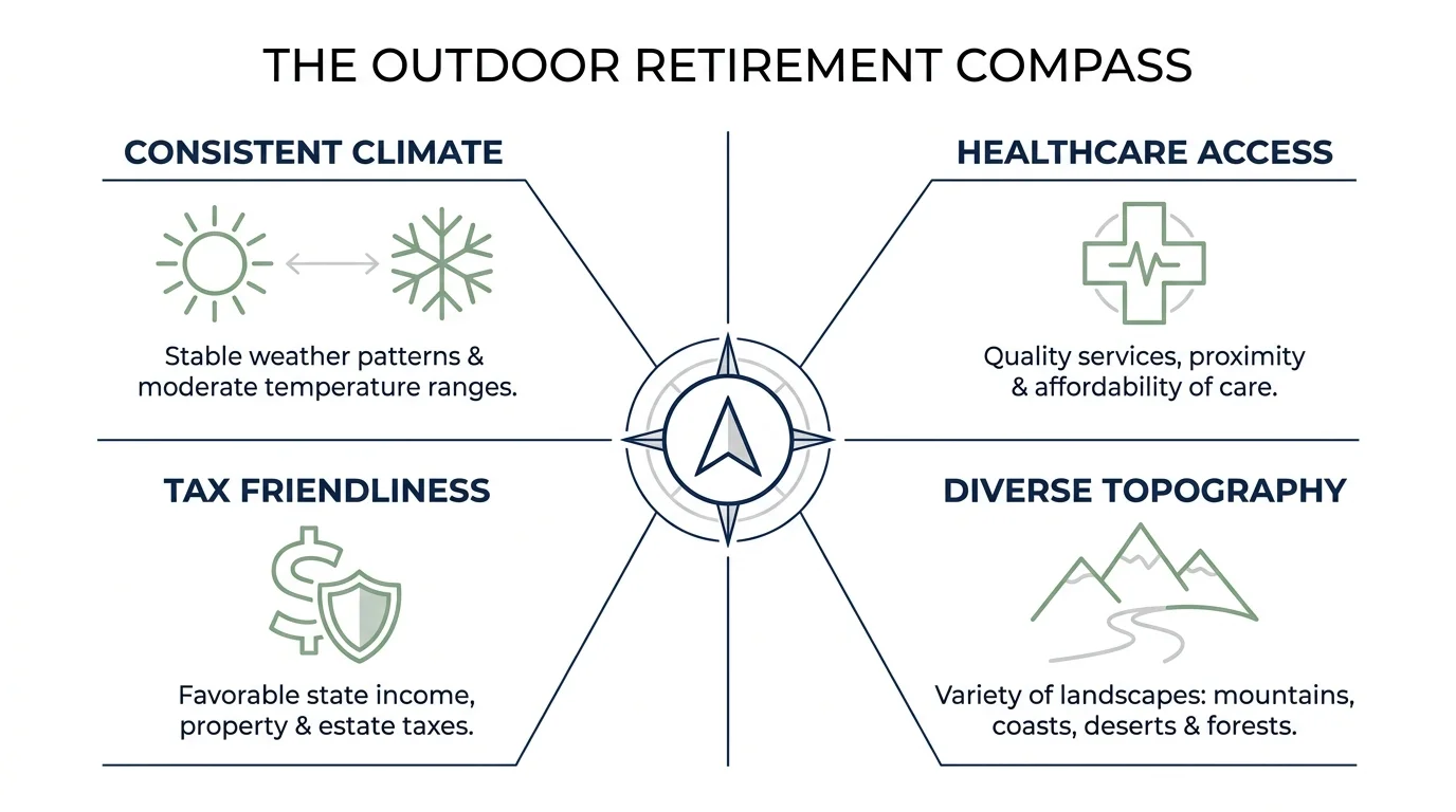 A diagram titled 'The Outdoor Retirement Compass' showing four key factors: Climate, Healthcare, Taxes, and Topography.