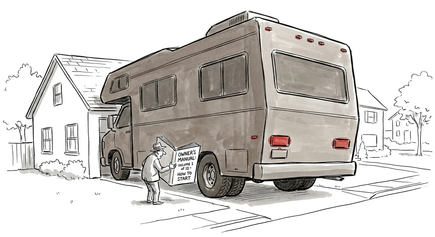 A drawing of a tiny person standing next to a massive, overwhelming RV in a small driveway.