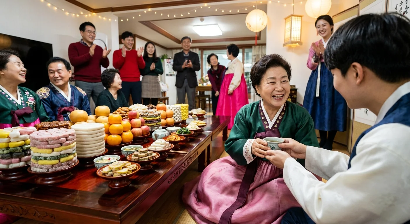 A festive Korean Hwangap celebration table with colorful traditional rice cakes and a family gathering in the background.
