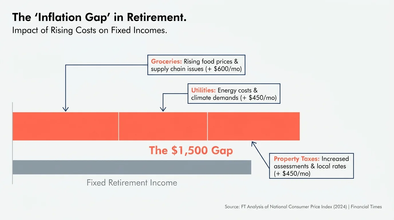 A financial diagram showing how a $1,500 monthly income gap helps cover rising costs for groceries and utilities.