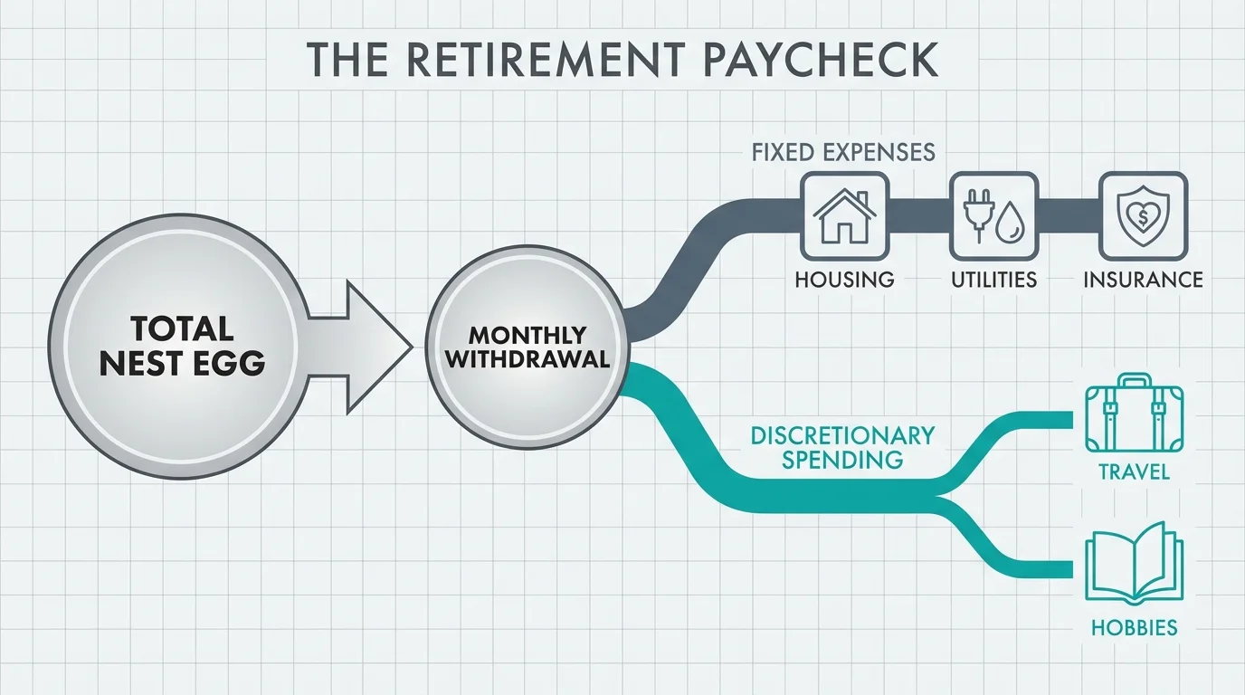 A financial diagram showing how a retirement nest egg is divided into monthly withdrawals, fixed expenses, and individual discretionary spen