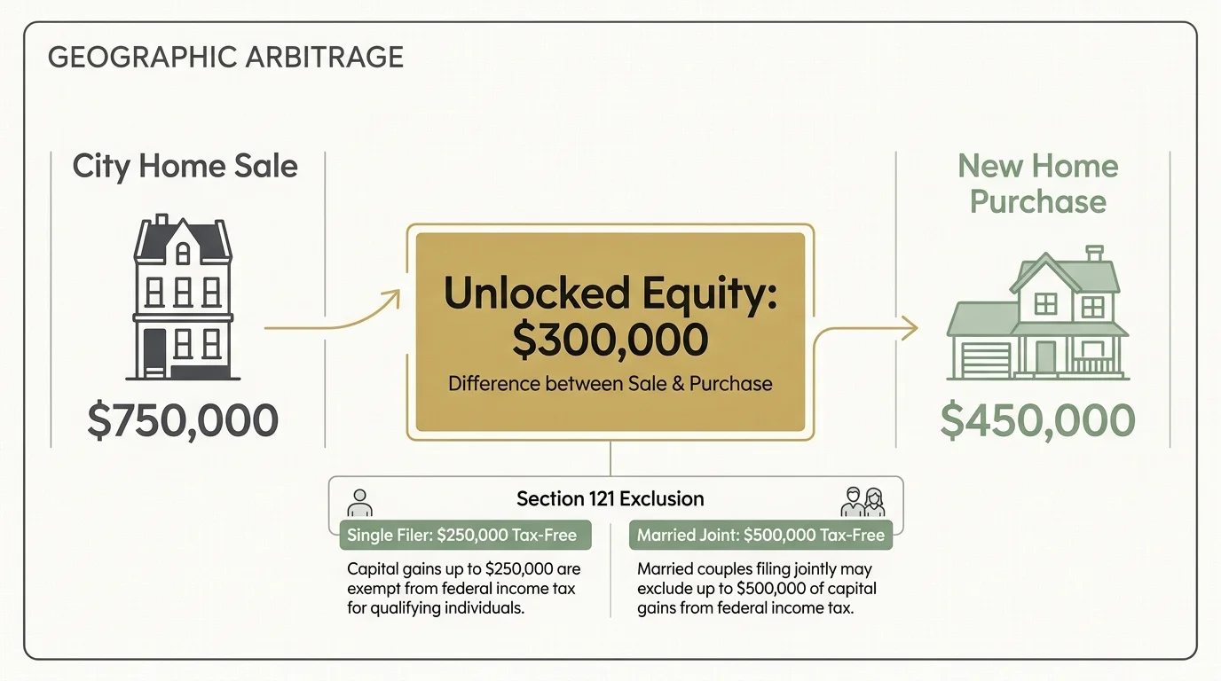 A financial diagram showing how selling a city home for $750k and buying a $450k suburban home unlocks $300k in equity.