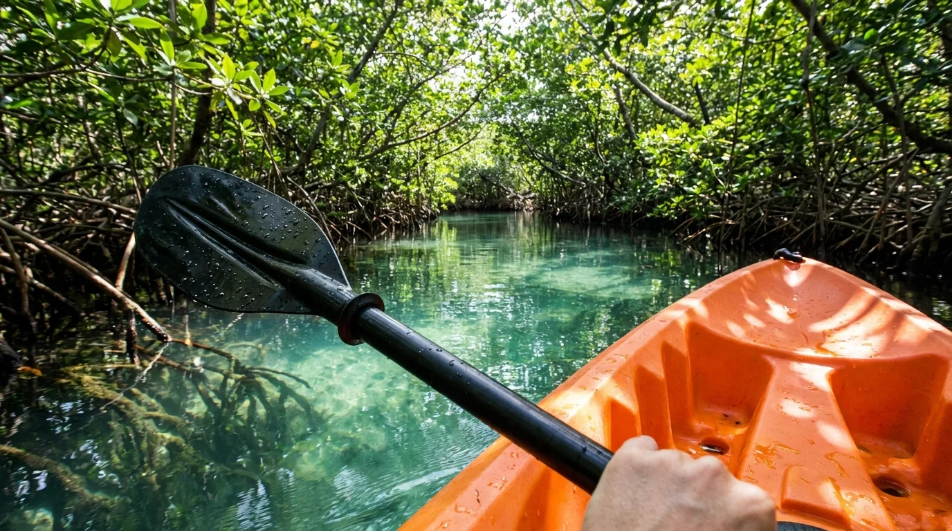 A first-person view from a kayak paddling through a sun-drenched mangrove tunnel in Florida.