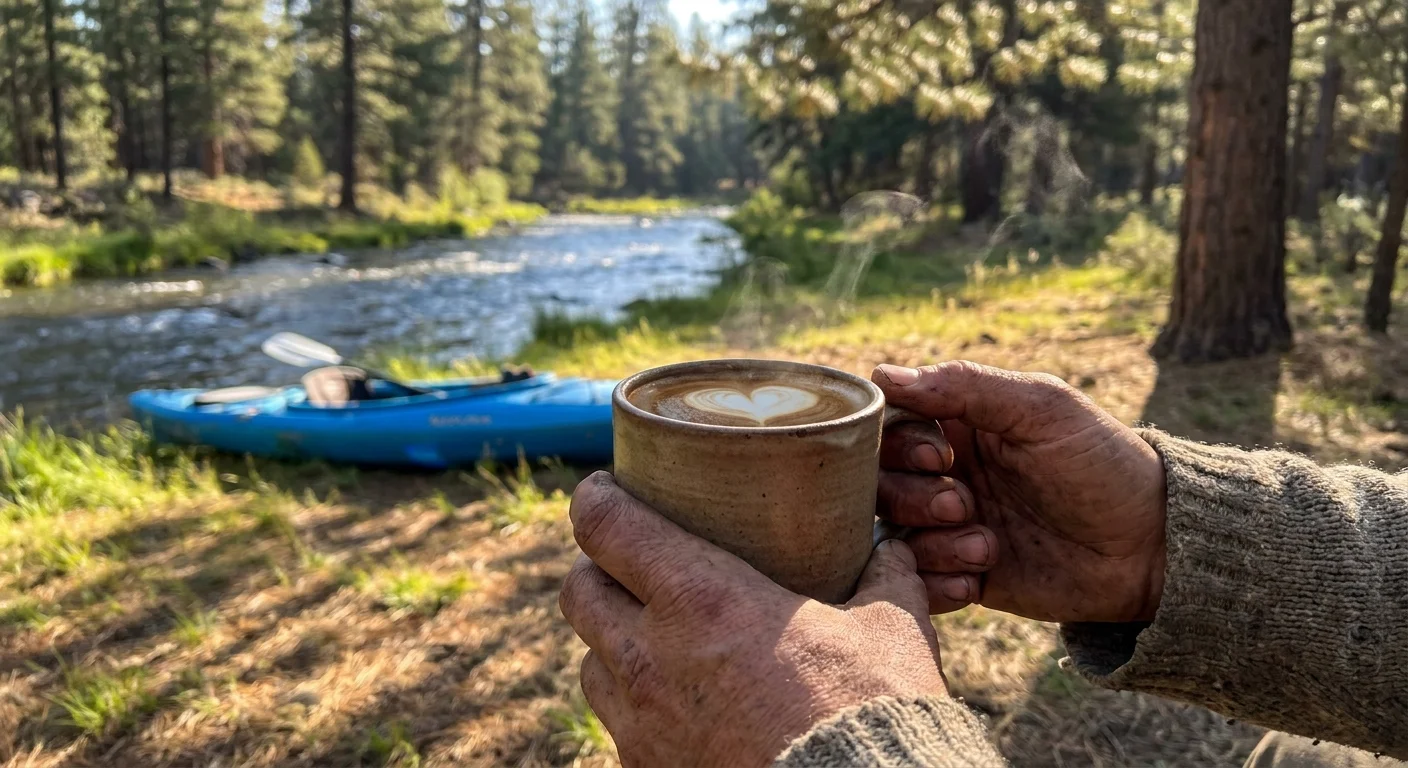 A first-person view of a hand holding a coffee mug on the banks of a river next to a blue kayak in Bend, Oregon.