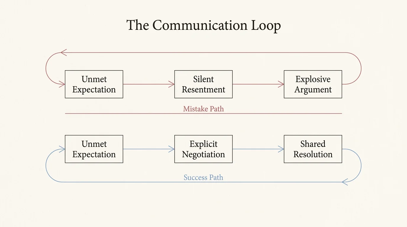 A flowchart comparing a cycle of resentment versus a cycle of negotiation in a retirement relationship.