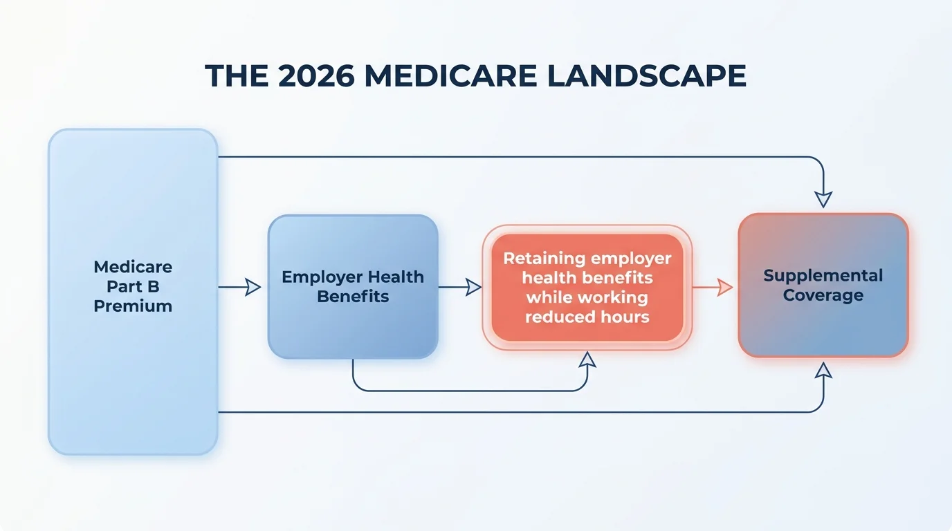 A flowchart showing how Medicare Part B and supplemental coverage interact with employer benefits in 2026.