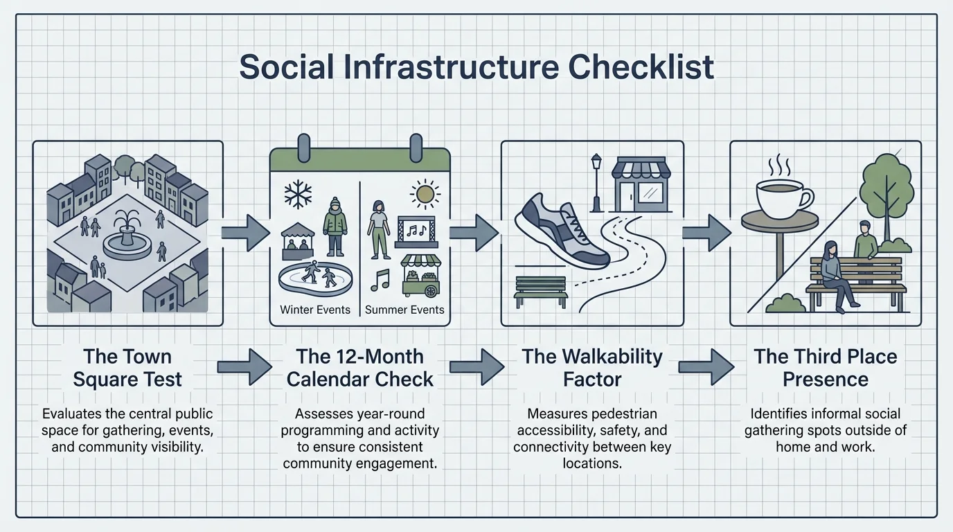 A flowchart showing the steps to evaluate a town's social infrastructure, including walkability and event calendars.