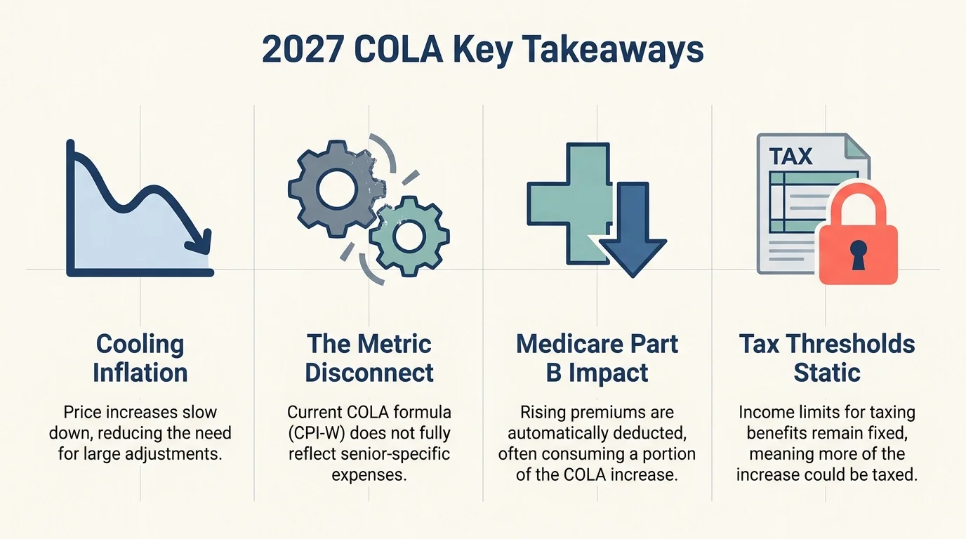 A four-panel infographic showing cooling inflation, metric disconnect, Medicare impact, and static tax thresholds.