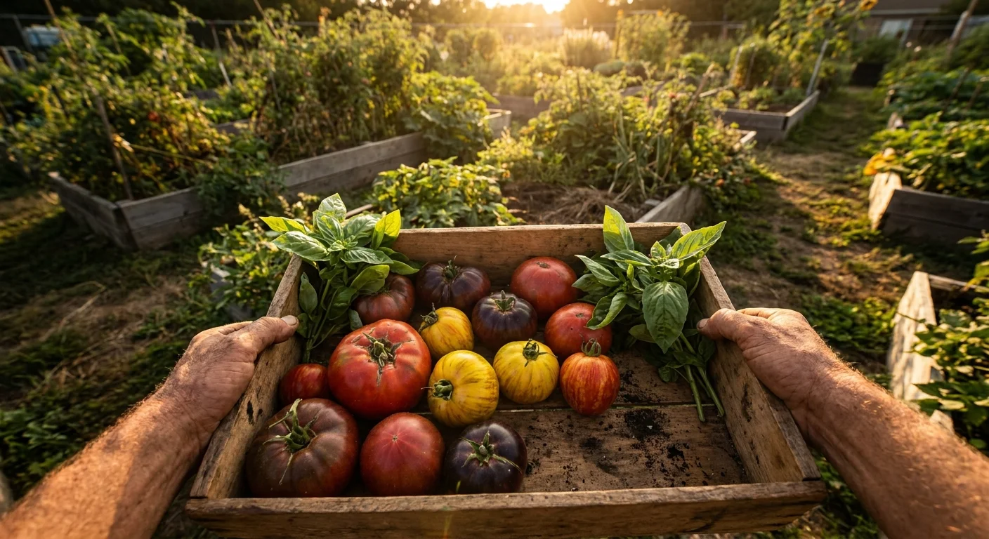 A gardener's hands hold a crate of colorful heirloom tomatoes and basil in a sunlit vegetable garden.