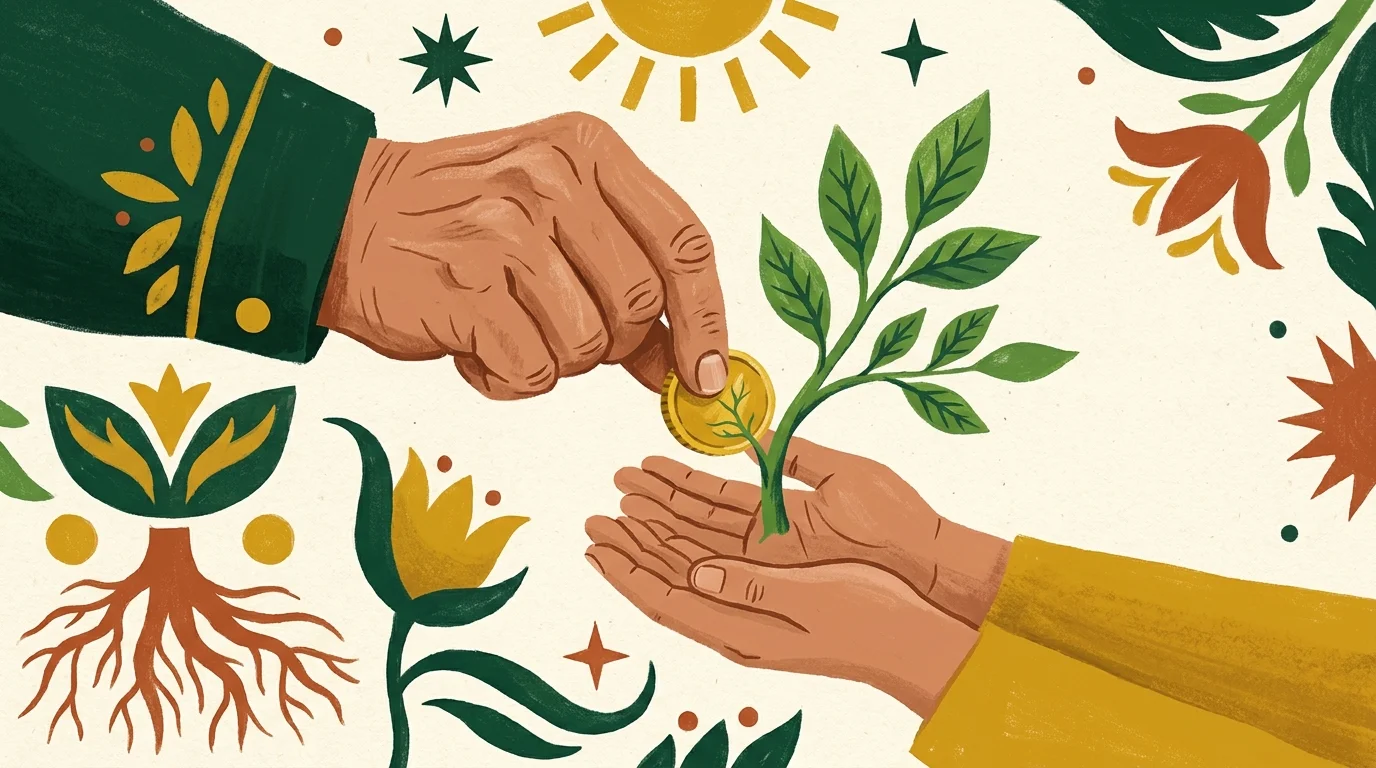 A gouache illustration of an older person passing a coin that turns into a growing plant in a younger person's hands.
