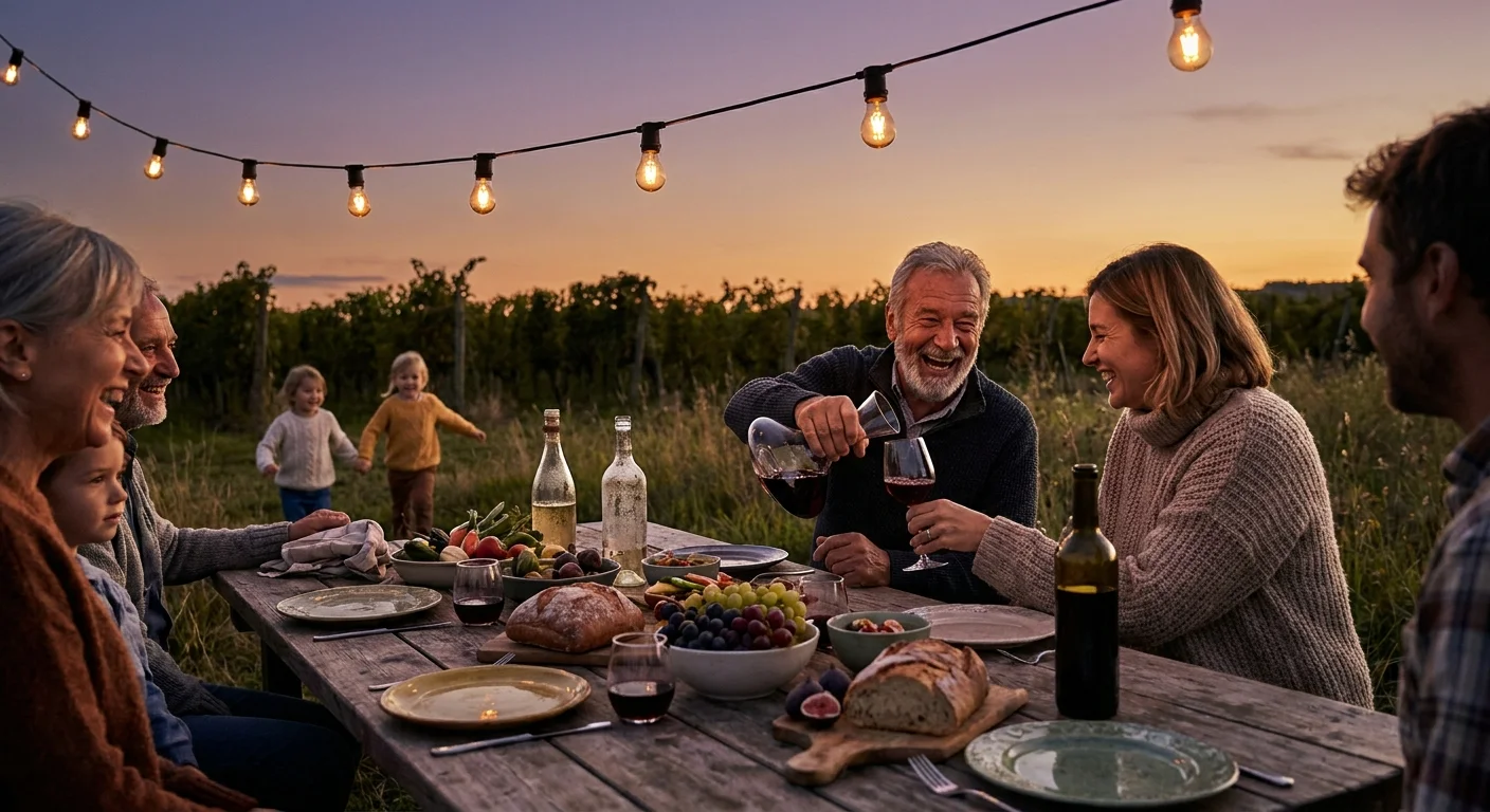 A grandfather laughing at a large family dinner outdoors at sunset.
