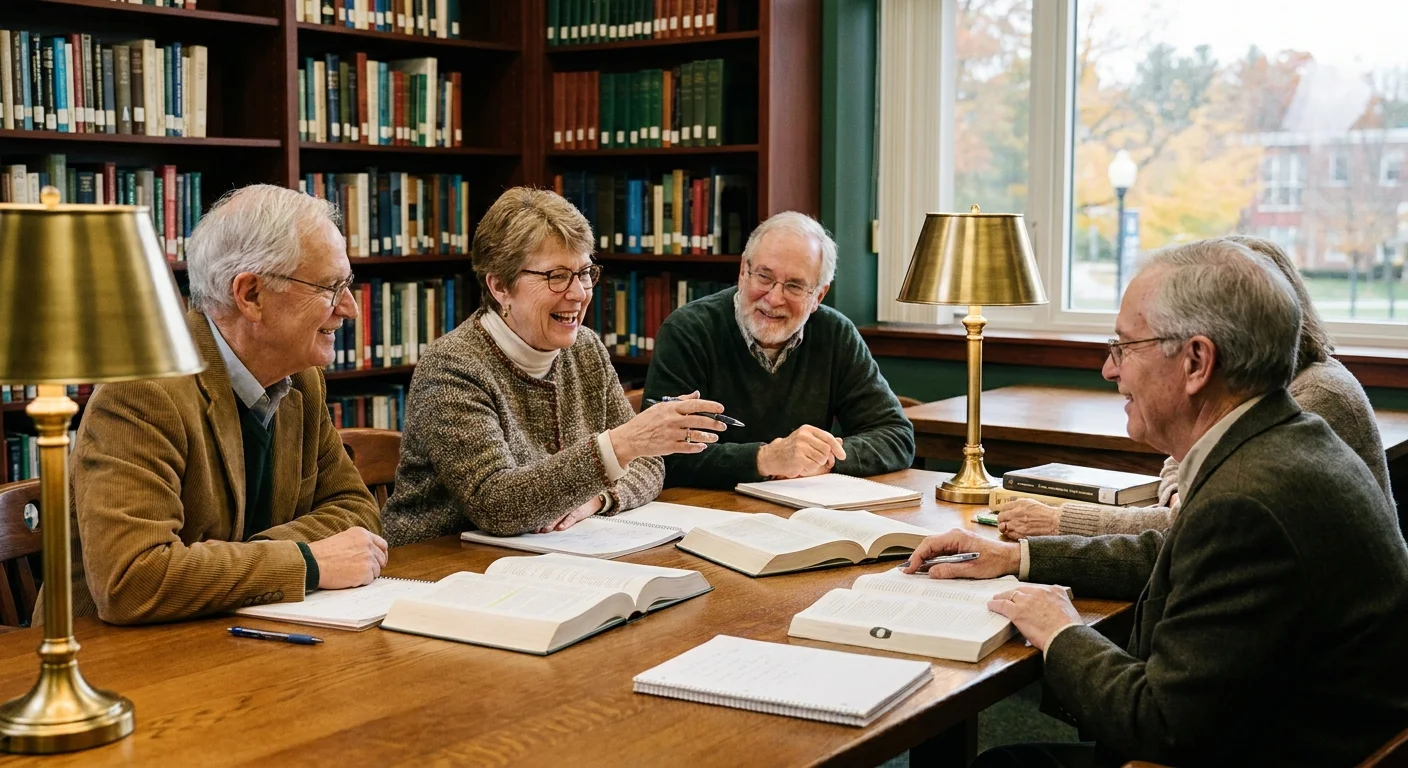 A group of older adults engaged in a serious academic discussion in a wood-paneled library setting.