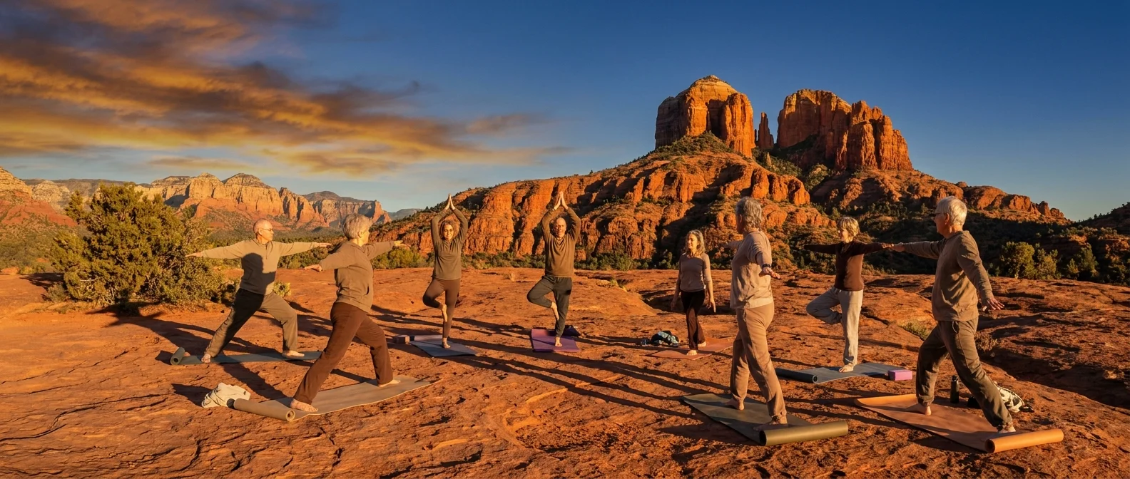 A group of seniors practicing yoga on a red rock plateau in Sedona at sunset.