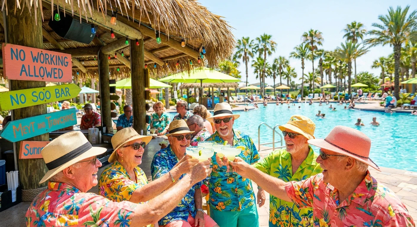 A group of smiling retirees in tropical shirts share drinks at a vibrant, resort-style poolside bar.