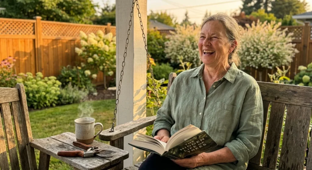 A happy retiree enjoying a quiet afternoon on her porch with a book and tea.